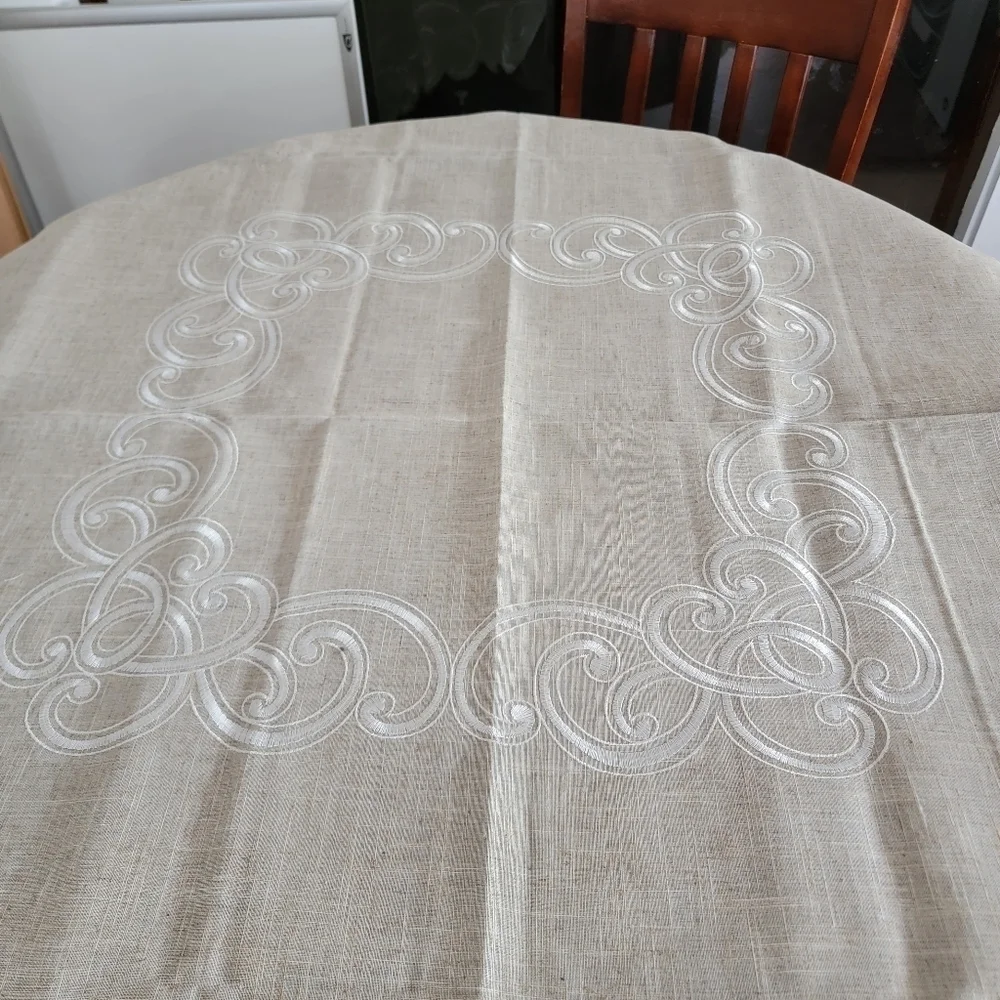 SARO Embroidered Scallop Design Natural Linen Blend Tablecloth Square 67